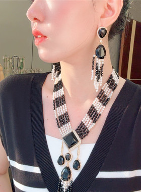 天然珍珠黑尖晶石项链耳环套装女