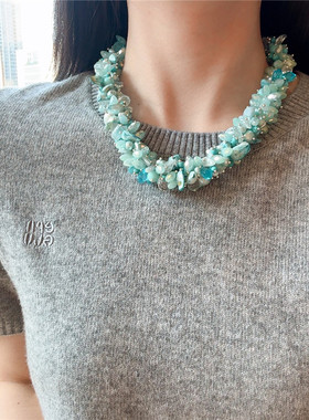 蓝色系小众轻奢手工串珠锁骨链女