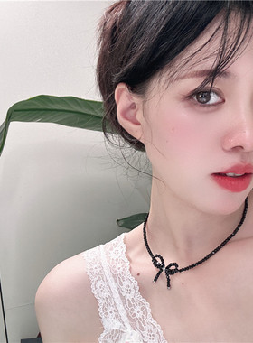 黑色首饰纯银百搭锁骨链女蝴蝶结