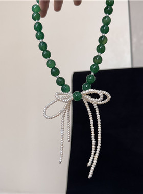 天然绿玉髓淡水珍珠项链蝴蝶结女