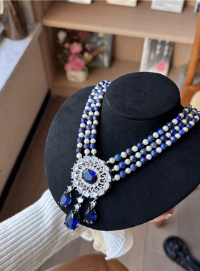 轻奢青金石淡水珍珠多层锁骨链女