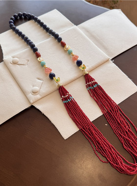 青金石红色海竹多层长款毛衣链女