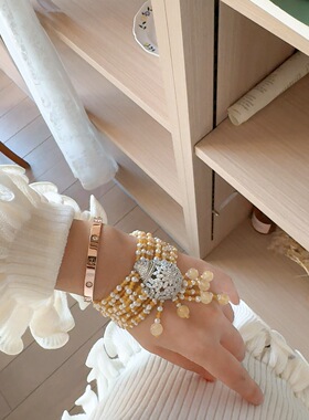 黄色多层珍珠项链手链流苏套装女