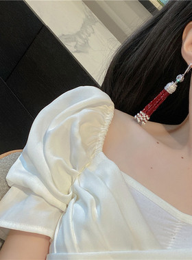 红色玉髓镶嵌天然流苏显脸瘦耳环
