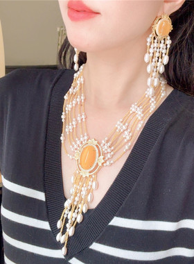 黄色系设计款项链耳环套装豪华女
