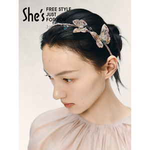 shes茜子自然复刻原创国风刺绣蝴蝶细发箍头箍发卡高级感轻奢发饰