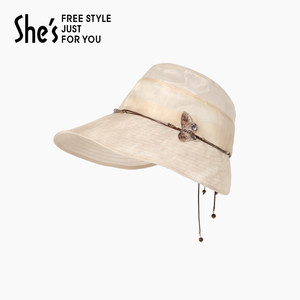 shes茜子卢梭假日优雅刺绣蝴蝶轻薄桑蚕丝宽檐遮阳帽防晒渔夫帽