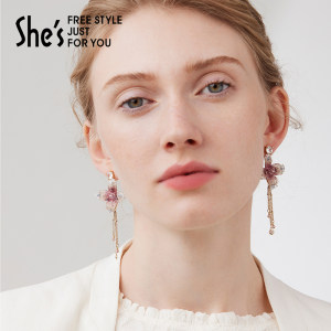 shes茜子莫奈印象原创刺绣花朵长款流苏耳环轻奢高级感耳饰耳钉女