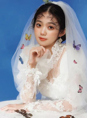 超仙彩色蝴蝶头纱领证登记求婚