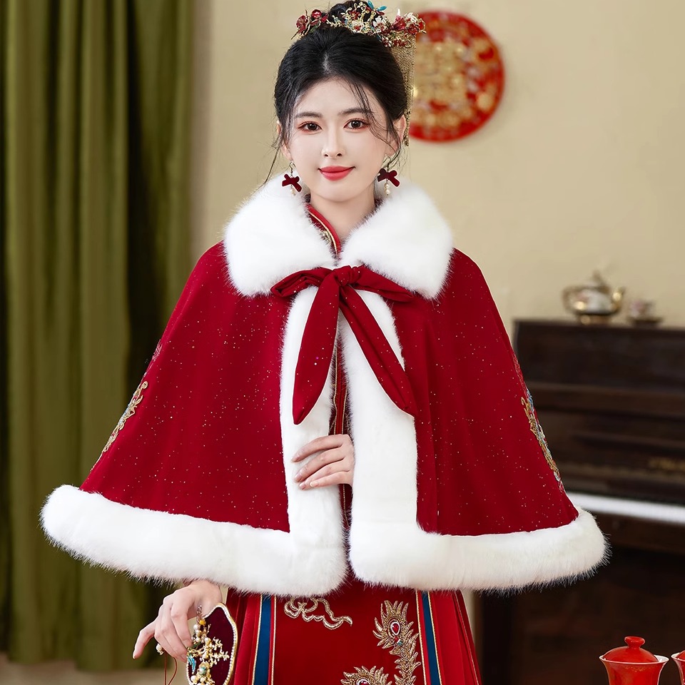 中式结婚礼新娘秀禾服披风斗篷旗袍敬酒服外套加厚保暖毛披肩冬季 - 图2