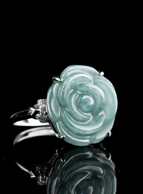 925纯银天然A货翡翠玉花朵戒指