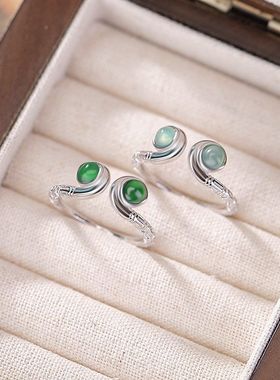 925纯银天然翡翠玉A货蓝水翡翠阳绿新中式国风紧箍咒圆珠戒指新款