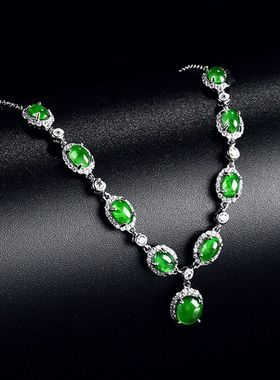 925纯银天然翡翠玉A货阳绿蛋面冰种玉石项链女款时尚新款锁骨链