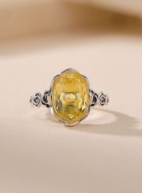 925纯银天然黄水晶戒指复古欧美风开口指环正品宝石高级新款礼物