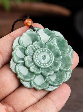 纯天然翡翠玉A货荷花项链莲花玉石挂件花件女款毛衣链礼物新款