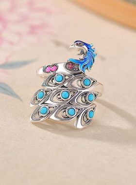 925纯银天然南红玛瑙绿松石戒指复古民族风珐琅孔雀女开口指环