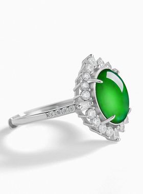 925纯银天然翡翠玉A货阳绿大蛋面戒指正品玉石奢华简约指环女戒