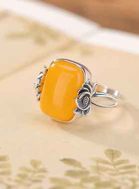 925纯银天然蜜蜡戒指复古做旧莲花民族风方形开口指环新款礼物