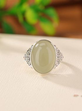 925纯银天然晴水和田玉复古做旧新中式简约蛋面戒指民族风指环