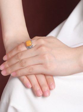 925纯银天然蜜蜡复古做旧国潮祥云方形戒指民族风开口可调节指环