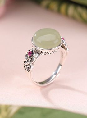 925纯银天然蜜蜡和田玉晴水玉蛋面如意圆形宫廷风轻奢时尚戒指