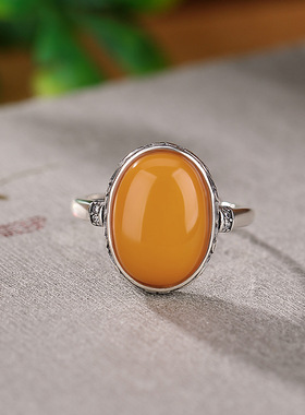 925纯银天然蜜蜡椭圆蛋面戒指复古民族风配饰指环女款高级礼物
