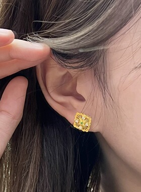 歌剧院四叶草耳钉女轻奢百搭点钻拉丝珐琅耳夹宫廷风复古简约耳饰