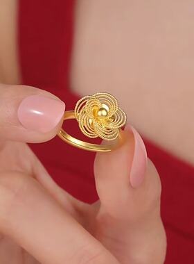 新款古法沙金丝丝花韵三件套装套链戒指耳钉女黄金色婚嫁首饰品
