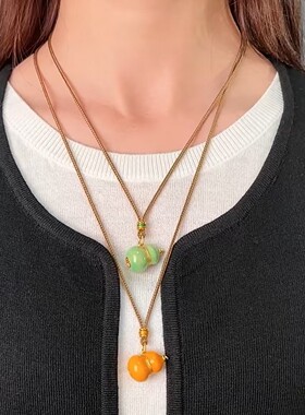 新中式彩色珐琅七子葫芦项链女长款福禄吊坠精致百搭编绳毛衣链
