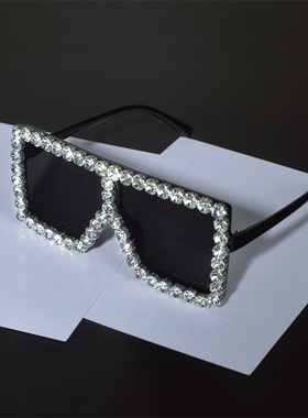 欧美四方大框方形太阳镜网红个性手工镶钻大脸圆脸墨镜女生日眼镜