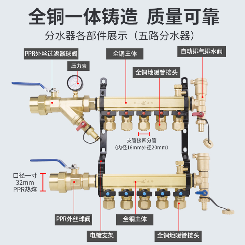 天一金牛地暖地热集分水器全铜大流量加厚 主管32/1寸支路20/4分 - 图0