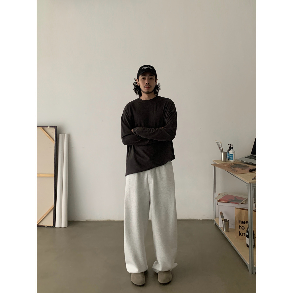 INKNOTS简约复古运动休闲加绒弯刀卫裤男女美式慵懒松弛感阔腿裤,淘宝优惠券,粉丝福利购,淘宝优惠卷