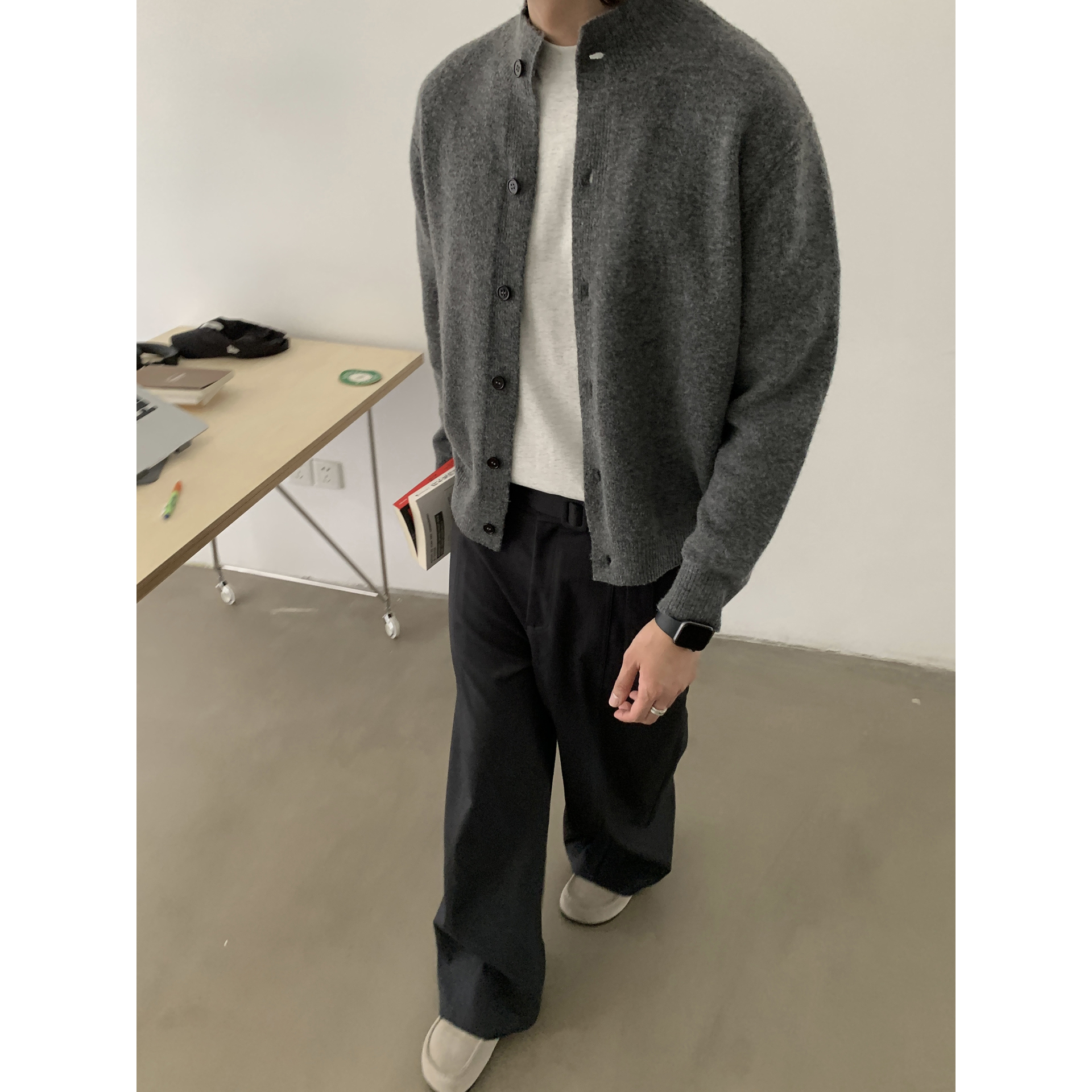 INKNOTS美式复古羊毛混纺毛衣开衫男女简约休闲慵懒感针织外套ins - 图2