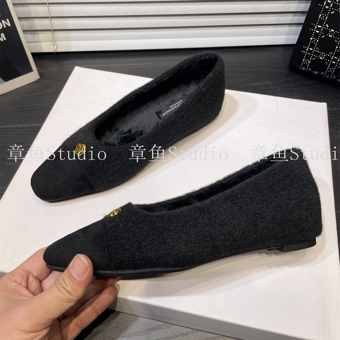 小香风山茶花拼色加绒浅口单鞋女内增高方头毛毛鞋金属扣芭蕾舞鞋,淘宝优惠券,粉丝福利购,淘宝优惠卷