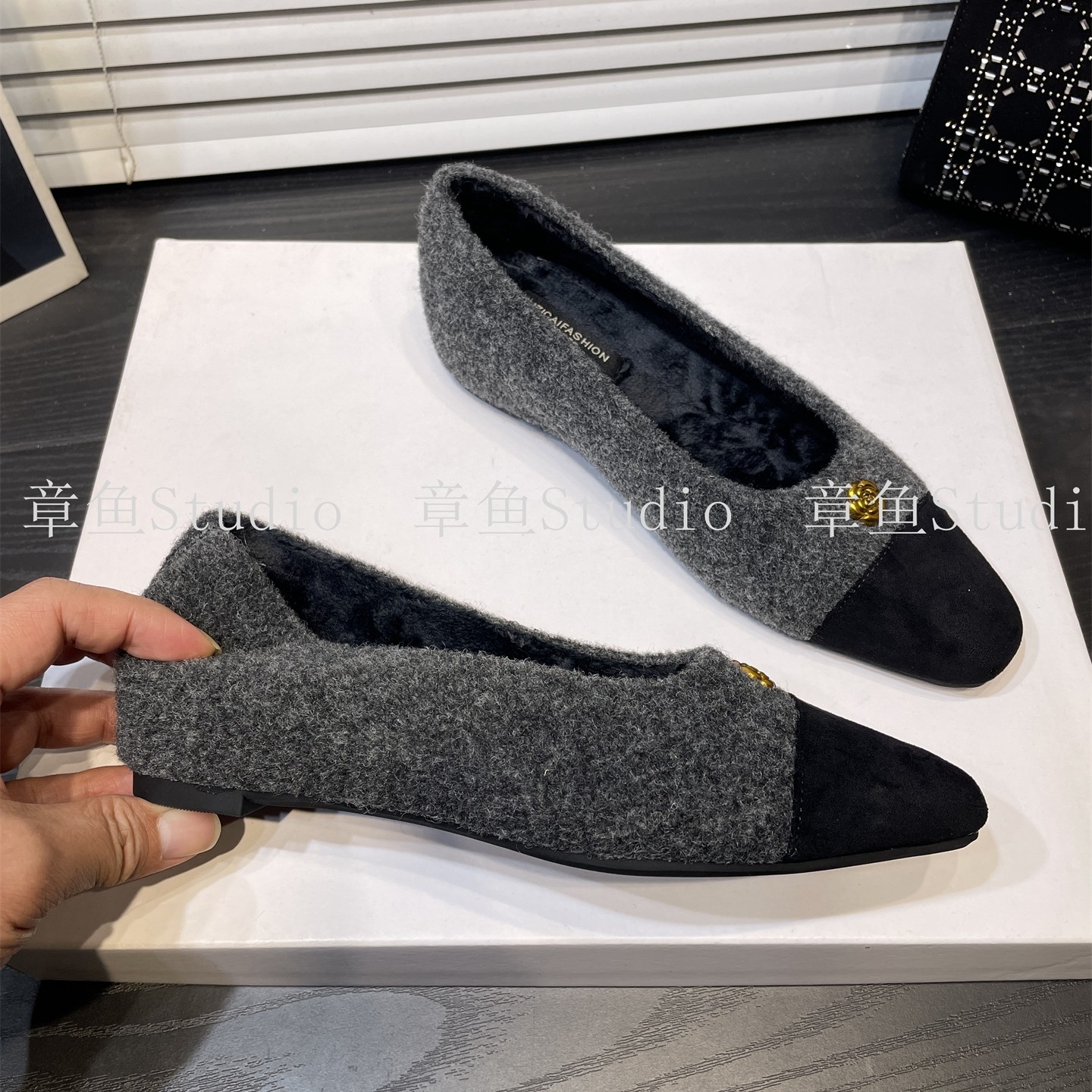 小香风山茶花拼色加绒浅口单鞋女内增高方头毛毛鞋金属扣芭蕾舞鞋,淘宝优惠券,粉丝福利购,淘宝优惠卷