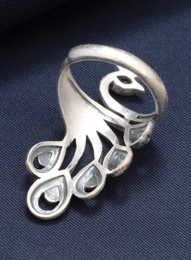 纯银戒指990足银孔雀指环女 复古做旧民族风宽面凤凰戒子饰品批发