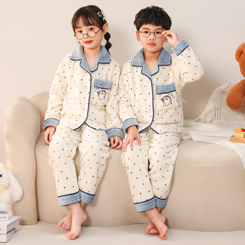秋冬季儿童睡衣男女童小孩大童情侣青年法兰绒开衫加厚套装家居服 - 图2