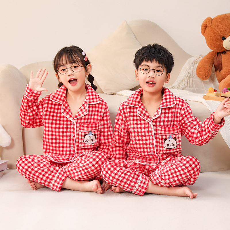 秋冬季儿童睡衣男女童小孩大童情侣青年法兰绒开衫加厚套装家居服 - 图1