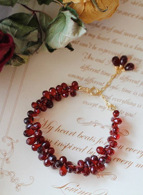 草莓果酱酒红石榴石14K包金手链