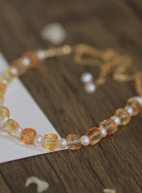 焦糖奶盖*印度天然黄水晶方块珠淡水珍珠14K包金花扣仙女手链原创