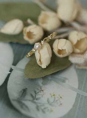 掌上明珠s925纯银细指环贝珠珍珠雕花锆石戒指开口调节法式复古女