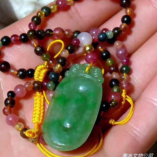 兰=心5034天然A货缅甸老坑阳绿翡翠福至心灵碧玺珠纯金珠项链手链 - 图2
