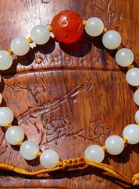 天然新疆和田玉籽料珠玛瑙珠手链