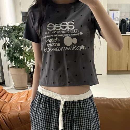 REOY Stu”韩版aeae波点字母潮流印花修身短款正肩显瘦短袖T恤女 - 图2