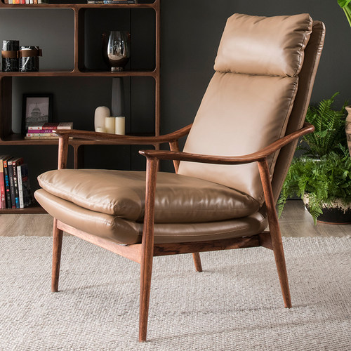 北欧单人沙发椅实木真皮单椅现代简约轻奢单人椅休闲皮椅子老虎椅 - 图1