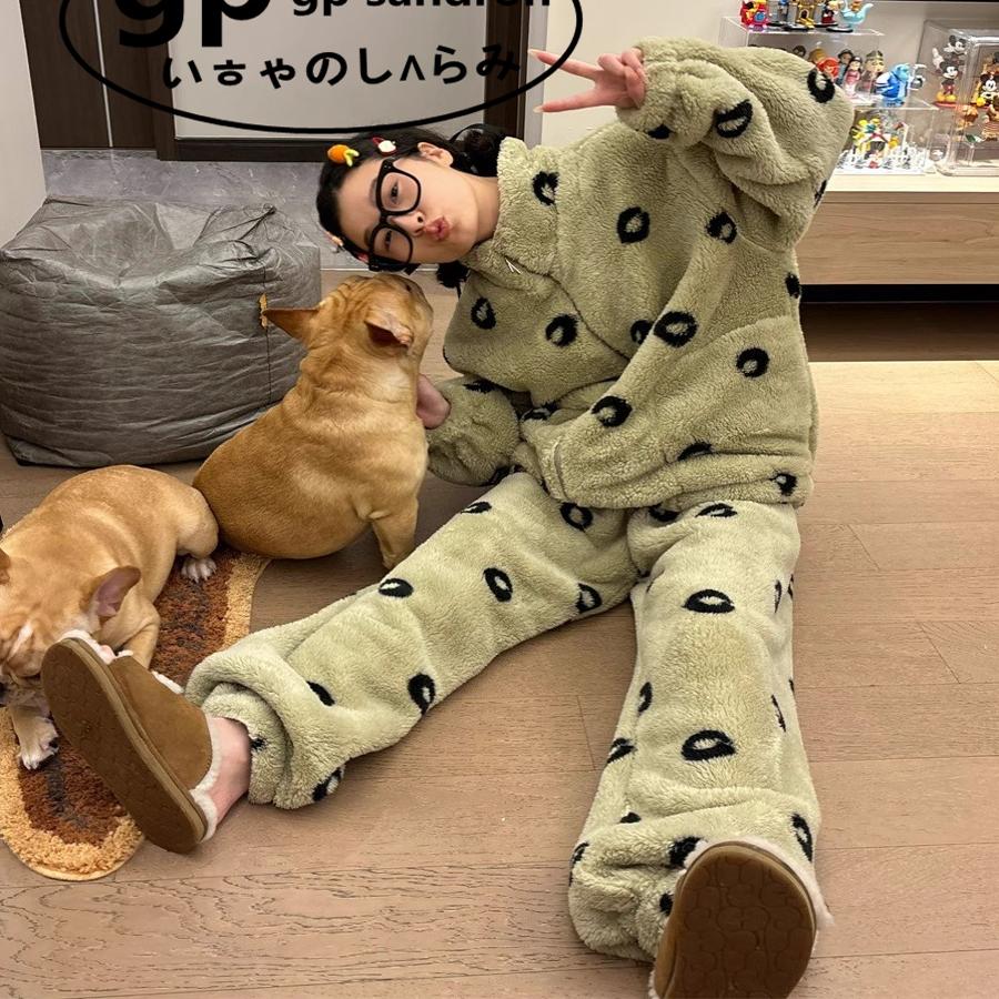GP Sandron珊瑚绒睡衣女加绒加厚冬季保暖毛绒家居服少女大码套装 - 图2