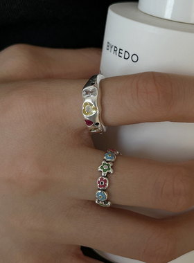 甜美少女风珐琅小花锆石纯银戒指