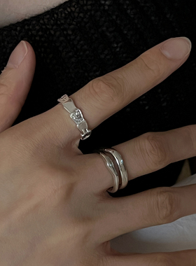 方型双层肌理鱼鳞间隔纯银戒指女