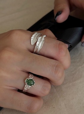 S925纯银新中式纹理海草羽毛戒指