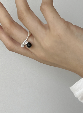 冷淡风黑玛瑙吊坠纯银松果戒指女